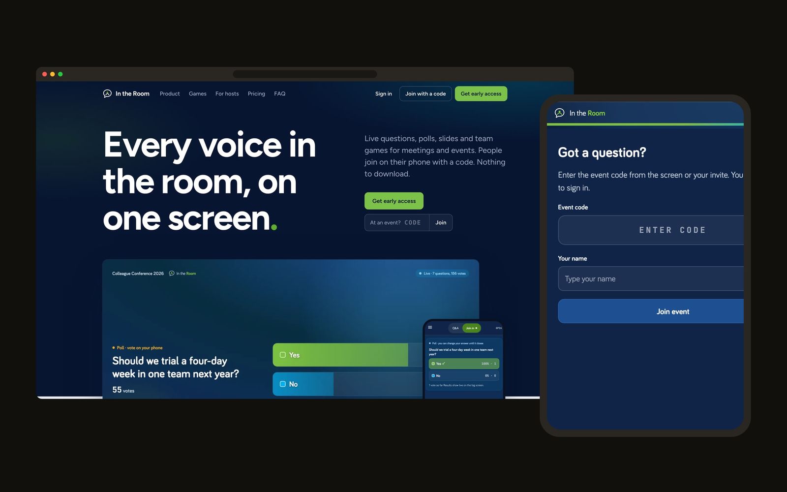 The In the Room website on a laptop, with the join screen on a phone