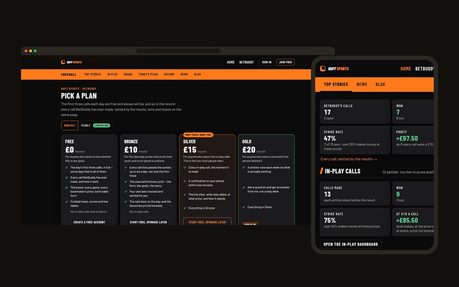 Nuff Sports on a laptop and phone, showing pricing plans and live stats