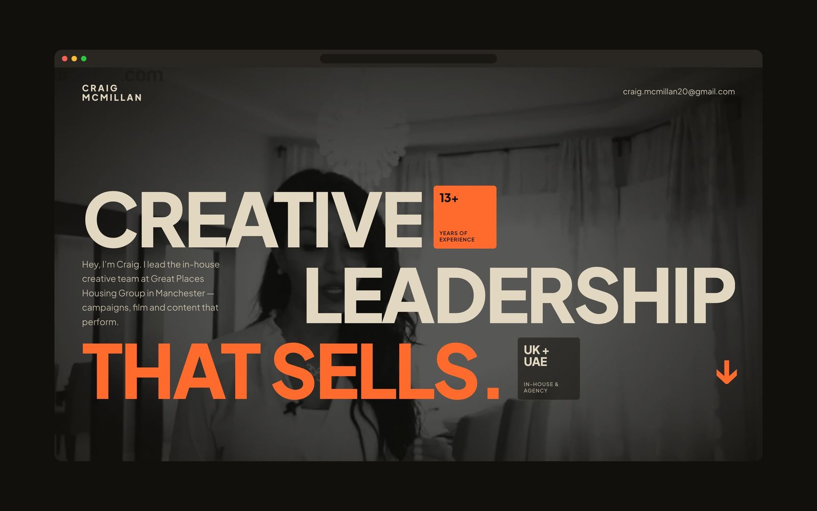 Craig McMillan’s portfolio homepage in a browser, with the headline “Creative leadership that sells.”